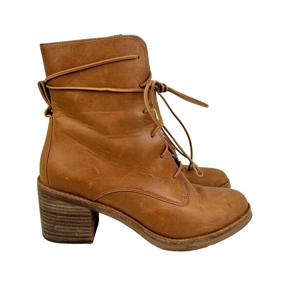 Ugg Oriana Lace Up Heeled Combat Boots Cognac Tan Leather Ankle Booties Womens 9 - Picture 1 of 12